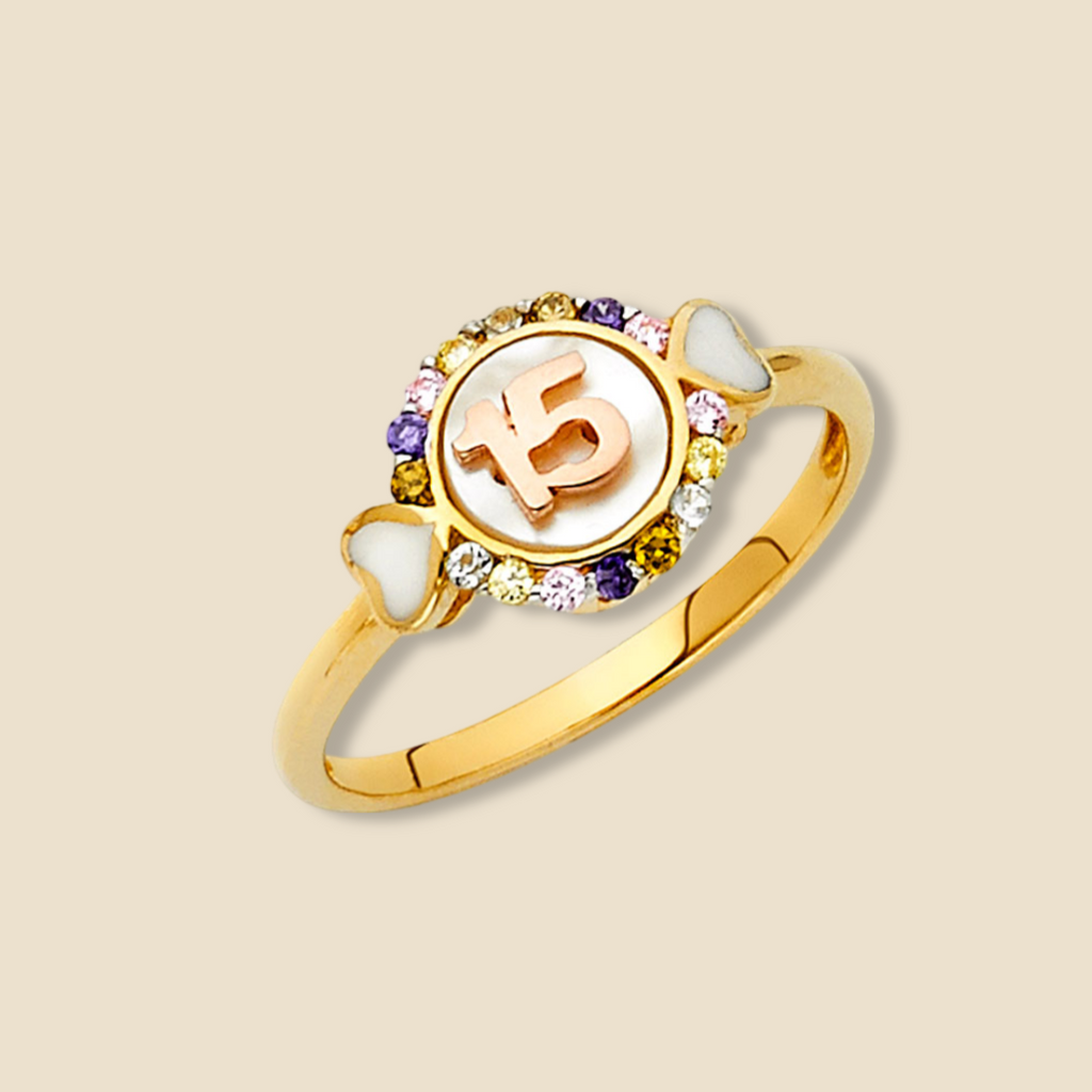 14K Gold 15 Years CZ Ring displayed on a plain background, showcasing its elegant design, sparkling cubic zirconia accents, and polished gold finish.