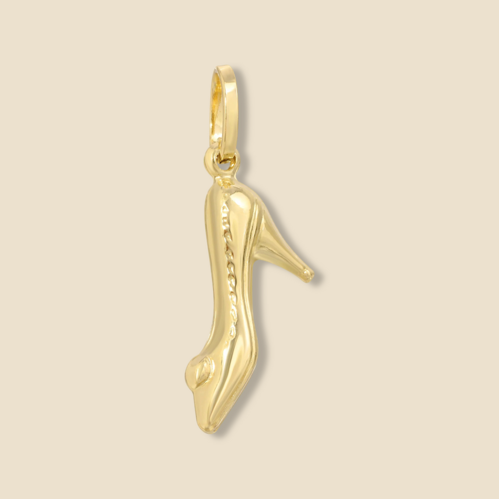 14K Gold Heel Shoe Charm Pendant displayed on a plain background, showcasing its polished high heel design and radiant yellow gold finish.