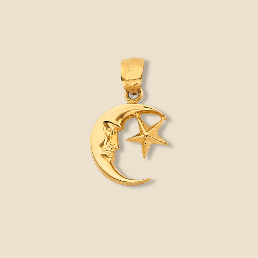 14K Gold Moon & Star Pendant displayed on a plain background, showcasing its elegant crescent moon and star design with a polished yellow gold finish.