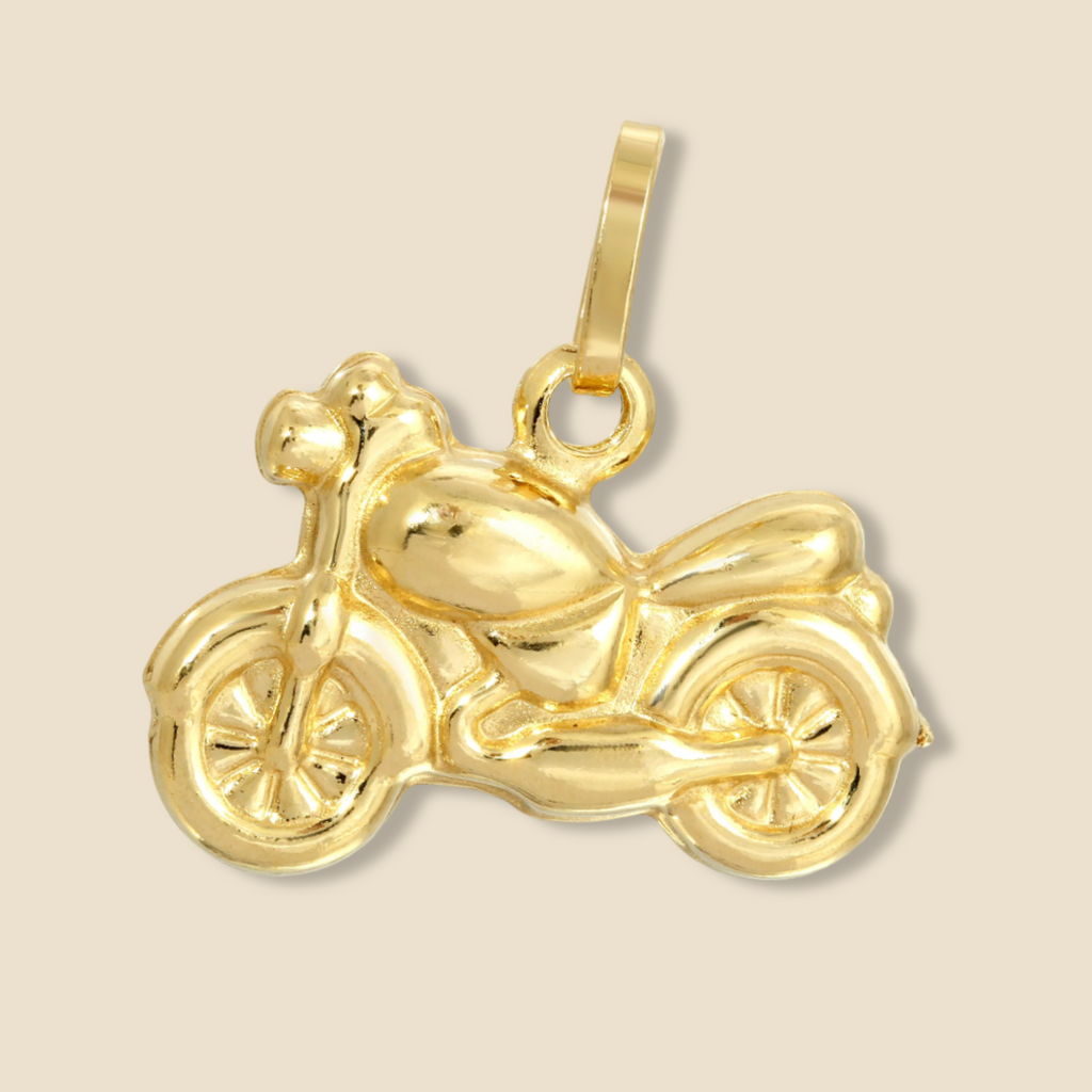 14K Gold Motorcycle Charm Pendant displayed on a plain background, showcasing its detailed motorcycle design and polished yellow gold finish.
