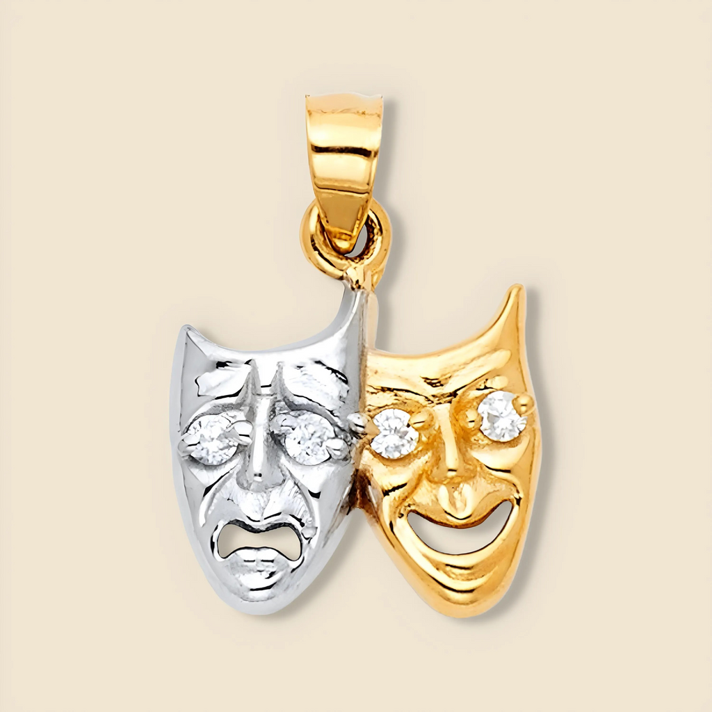 14K Two-Tone Solid Gold Comedy & Tragedy Charm on plain background, showcasing detailed theater mask design in white and yellow gold with cubic zirconia.