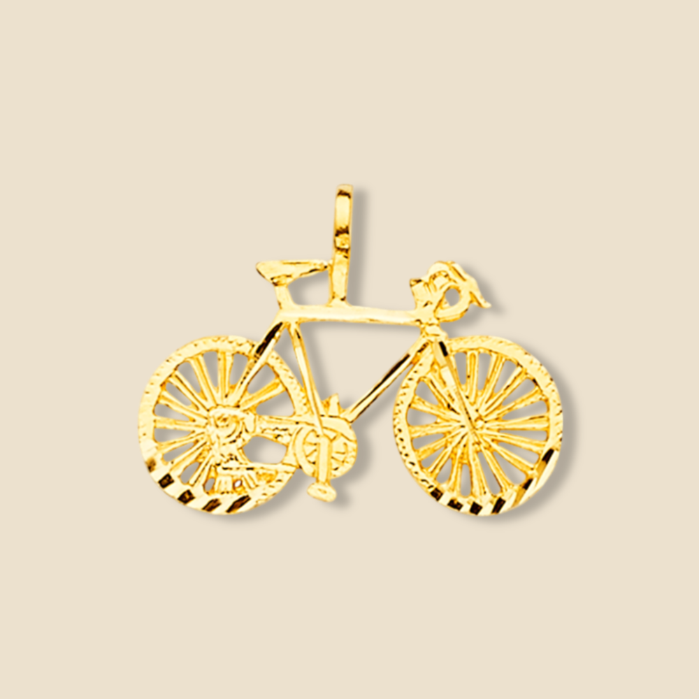 14K Solid Gold Bicycle Charm on a plain background, showcasing its intricate details and polished finish from a front-facing angle.