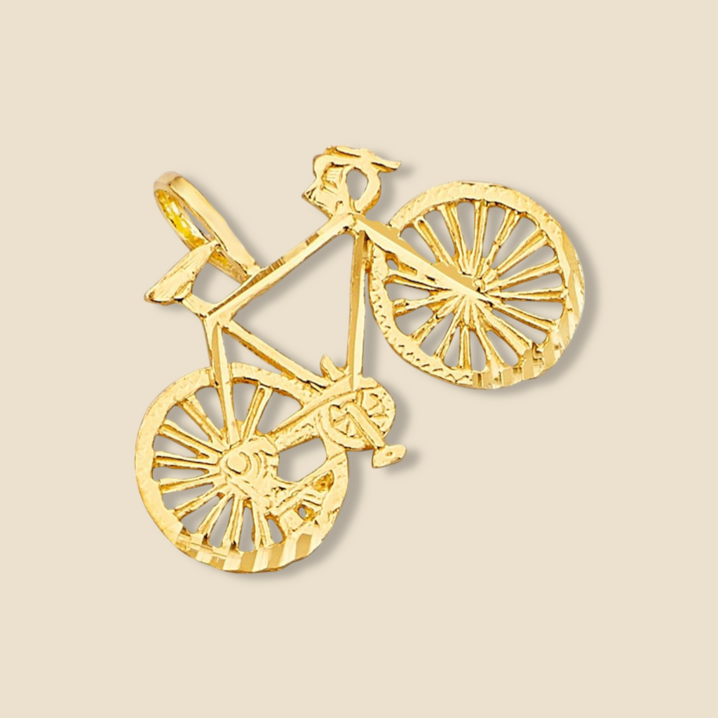 14K Solid Gold Bicycle Charm on a plain background, captured from a slight left tilt to highlight its elegant craftsmanship and dimensional design.