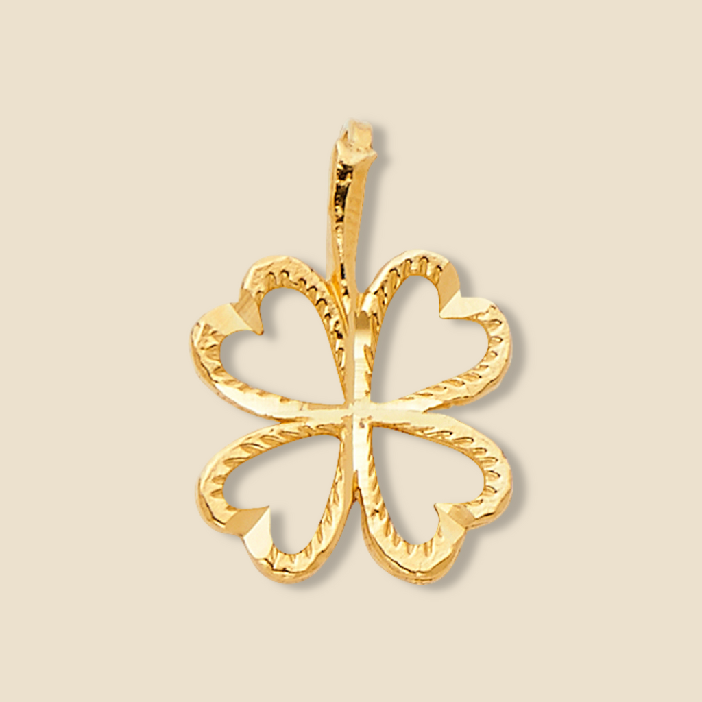 14K Gold Heart Clover Pendant displayed on a plain background, showcasing its delicate heart-shaped clover design and polished yellow gold finish.