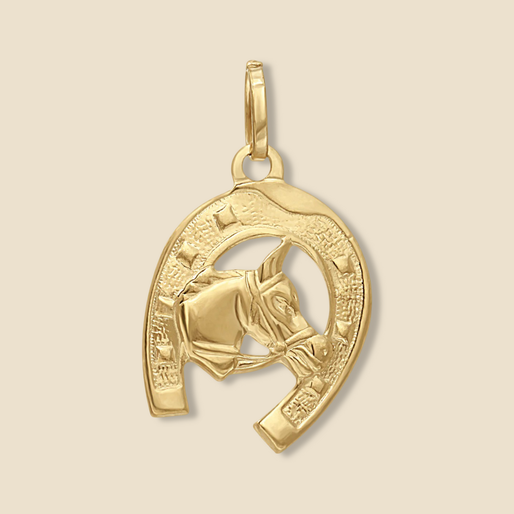 14K Solid Gold Horse with Horseshoe Pendant displayed on a plain background, showcasing the intricate design of a horse inside a horseshoe, symbolizing strength and good luck.
