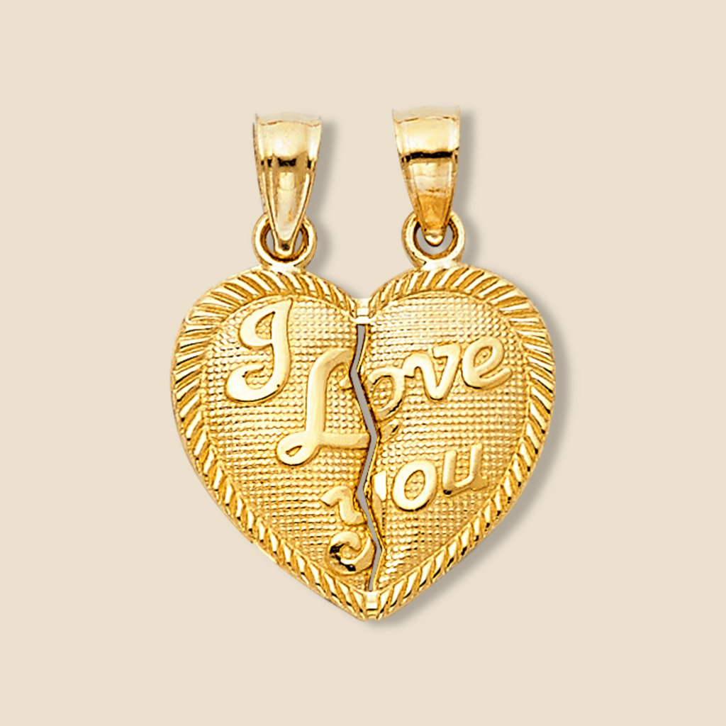 14K Solid Gold 'I Love You' Breakable Heart Couple Charm Pendant on a plain background, showcasing its polished finish, intricate design, and breakable feature for sharing between two loved ones.