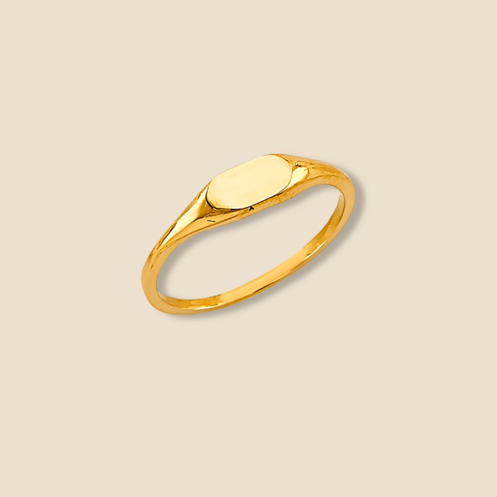 14K Solid Gold Signet Ring on a plain background, showcasing its polished finish and sleek, elegant design. Perfect for adding a timeless and classic touch to any outfit.