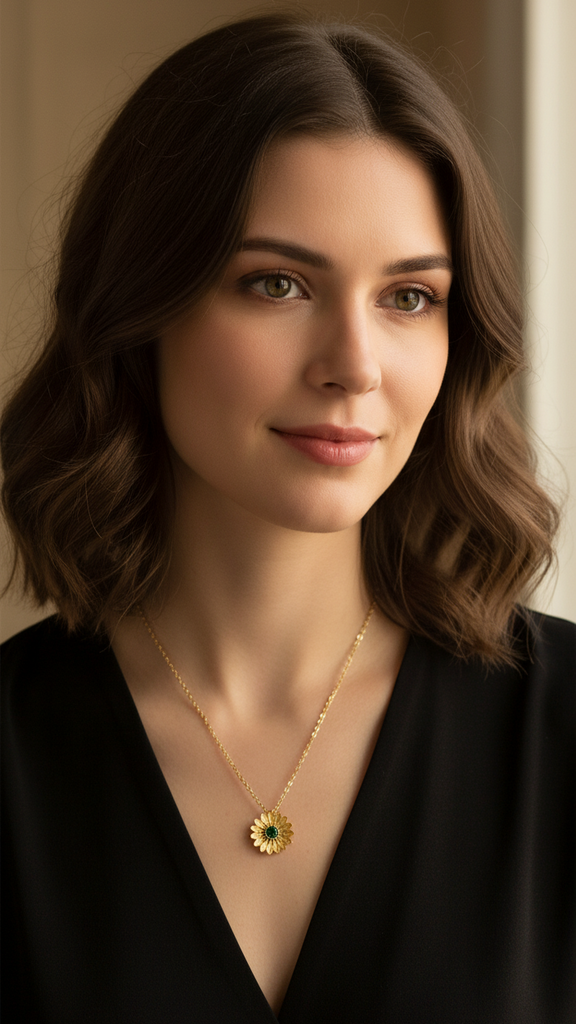 Woman wearing a gold necklace with a green pendant against a neutral background