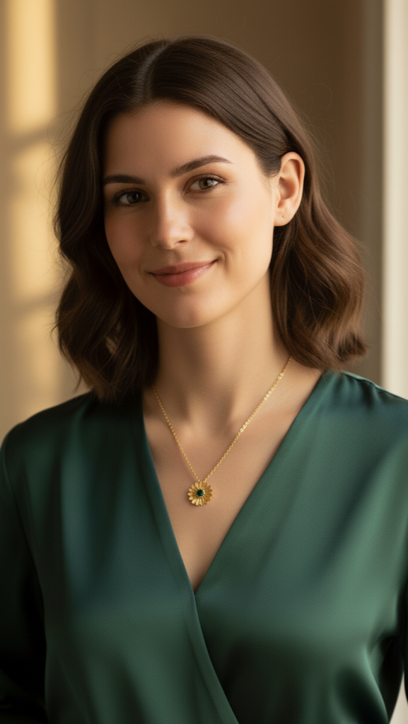 Woman wearing a green dress with a necklace indoors