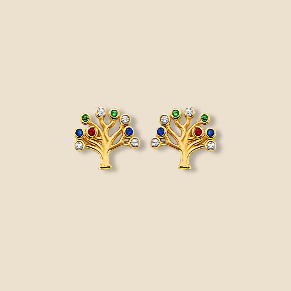 A pair of 14K gold Tree of Life stud earrings with sparkling Cubic Zirconia accents, elegantly displayed against a white background. The intricate gold branches and shimmering stones reflect the light, showcasing their fine craftsmanship.