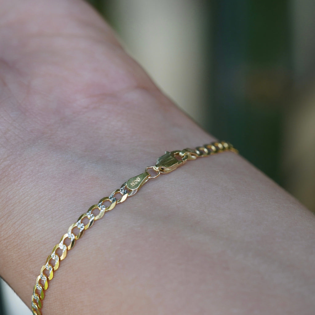 14K Real Gold 3.5mm Cuban White Pave Bracelet worn by a model, front view showing the bracelet’s elegant fit and Cuban link design
