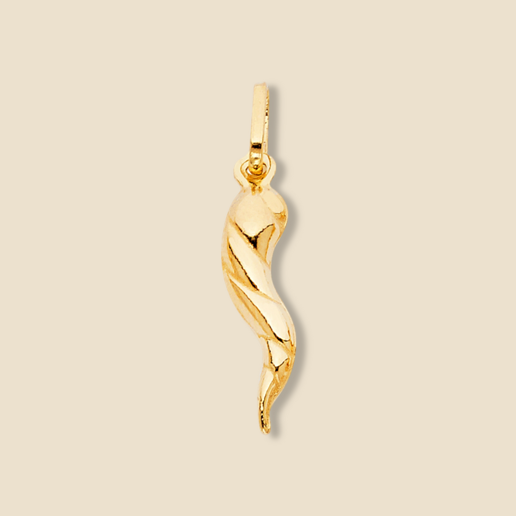 14K Real Gold Twisted Cornicello Italian Horn Charm, front view on a plain background.