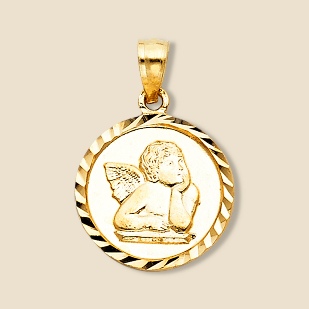 14K Solid Gold Angel Charm Pendant on a plain background, showcasing its intricate front design and polished yellow gold finish.