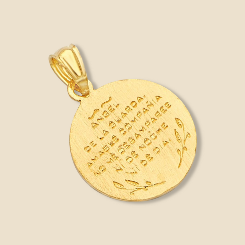 Back view of the 14K Solid Gold Angel Charm Pendant on a plain background, highlighting its smooth, polished surface and fine craftsmanship.