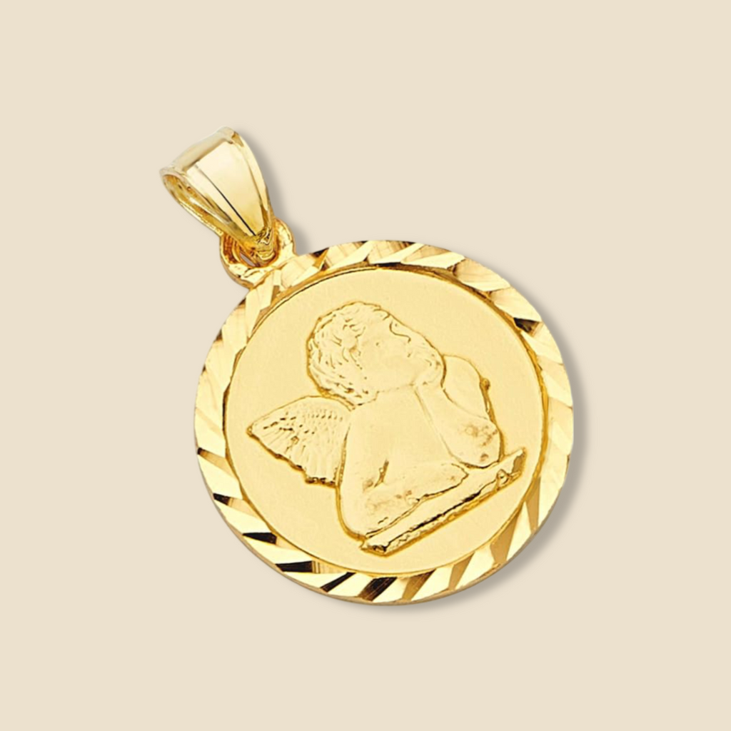 14K Solid Gold Angel Charm Pendant slightly tilted to the left on a plain background, emphasizing its elegant front design and radiant gold finish.