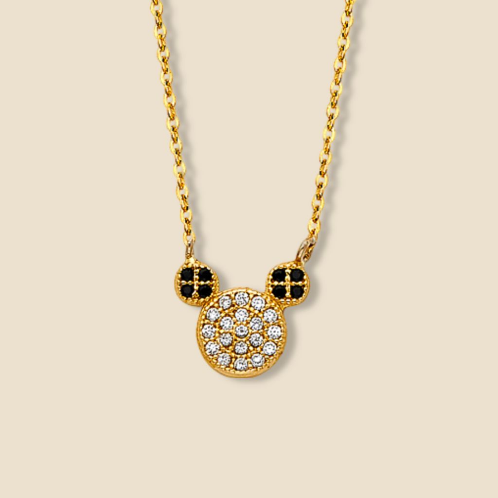 14K Solid Gold Mouse Necklace displayed on a plain background, showcasing its intricate mouse pendant design, polished yellow gold finish, and adjustable 17+1 inch chain.