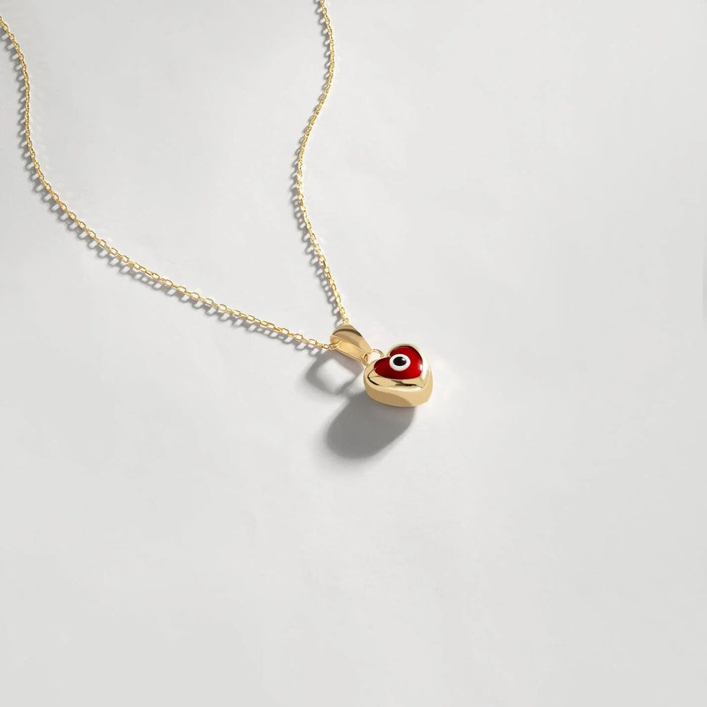 Striking Red Evil Eye Heart Charm - Crafted in 14k Real Gold, A Vibrant Symbol of Protection and Style.