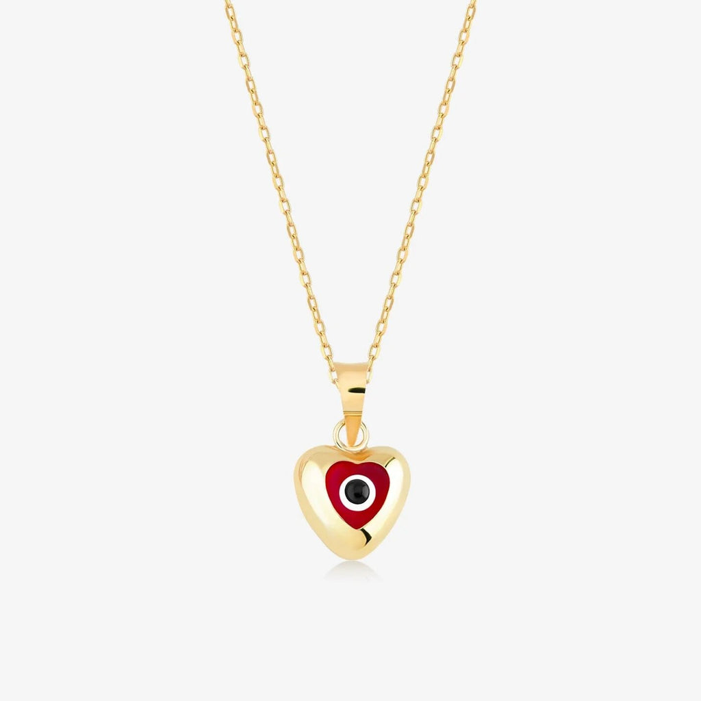 Mesmerizing 3D View - Enchanting Red Evil Eye Heart Charm, Crafted in 14k Real Gold, Embodying Elegance and Protection.