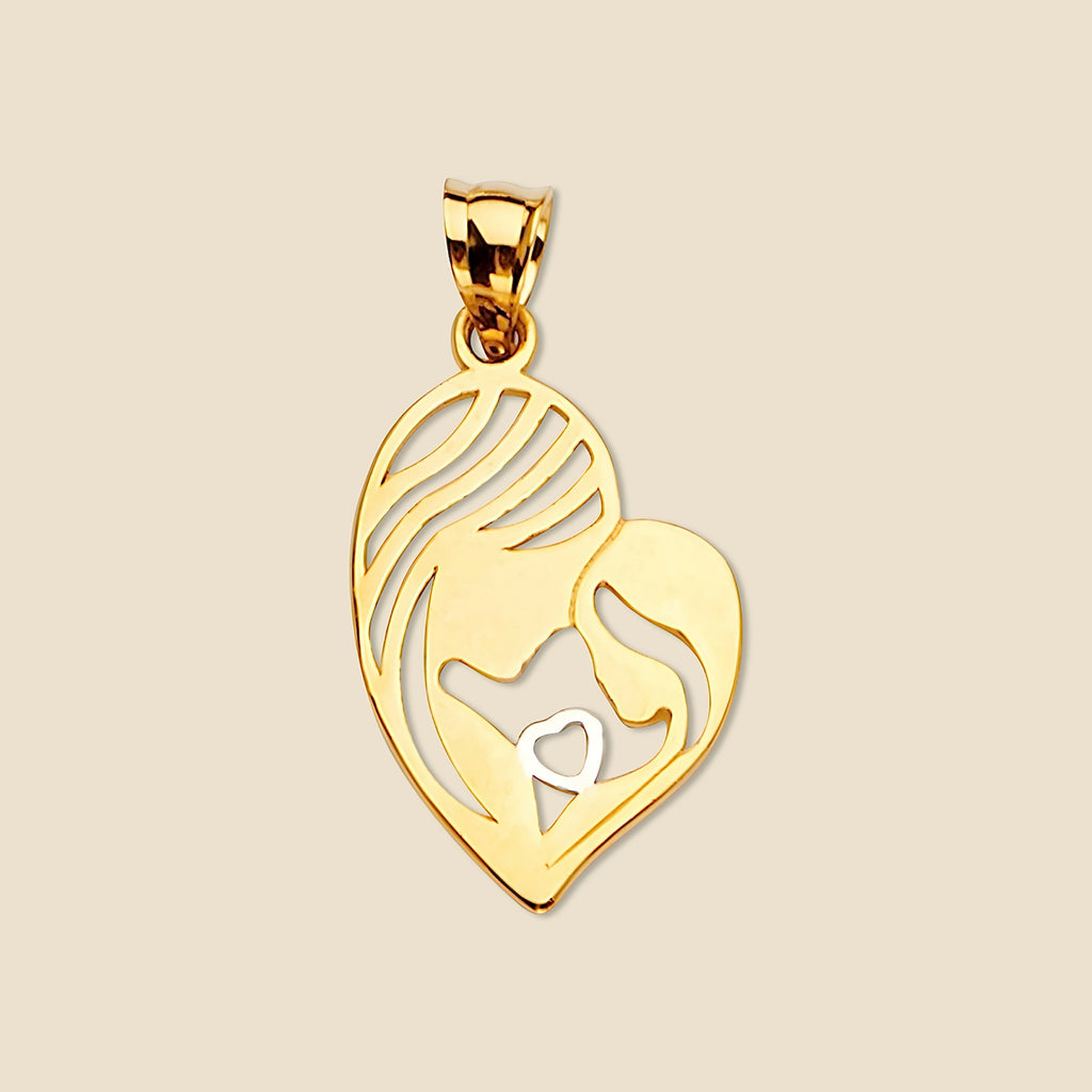 14K gold Mom and Child pendant displayed on a plain background, highlighting its polished finish and heartfelt silhouette design.