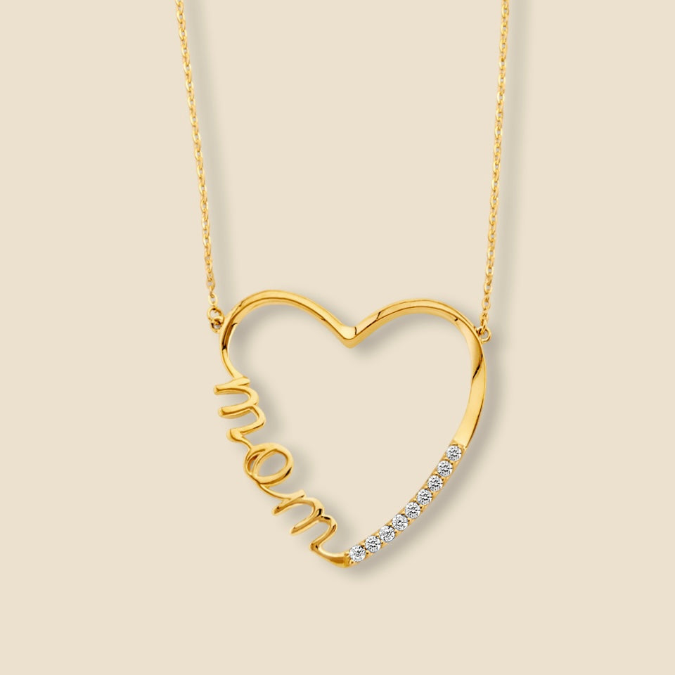 14K Two-Tone Gold Mom Open Heart Necklace featuring sparkling CZ stones, displayed on a plain background to highlight the brilliance and intricate two-tone design.