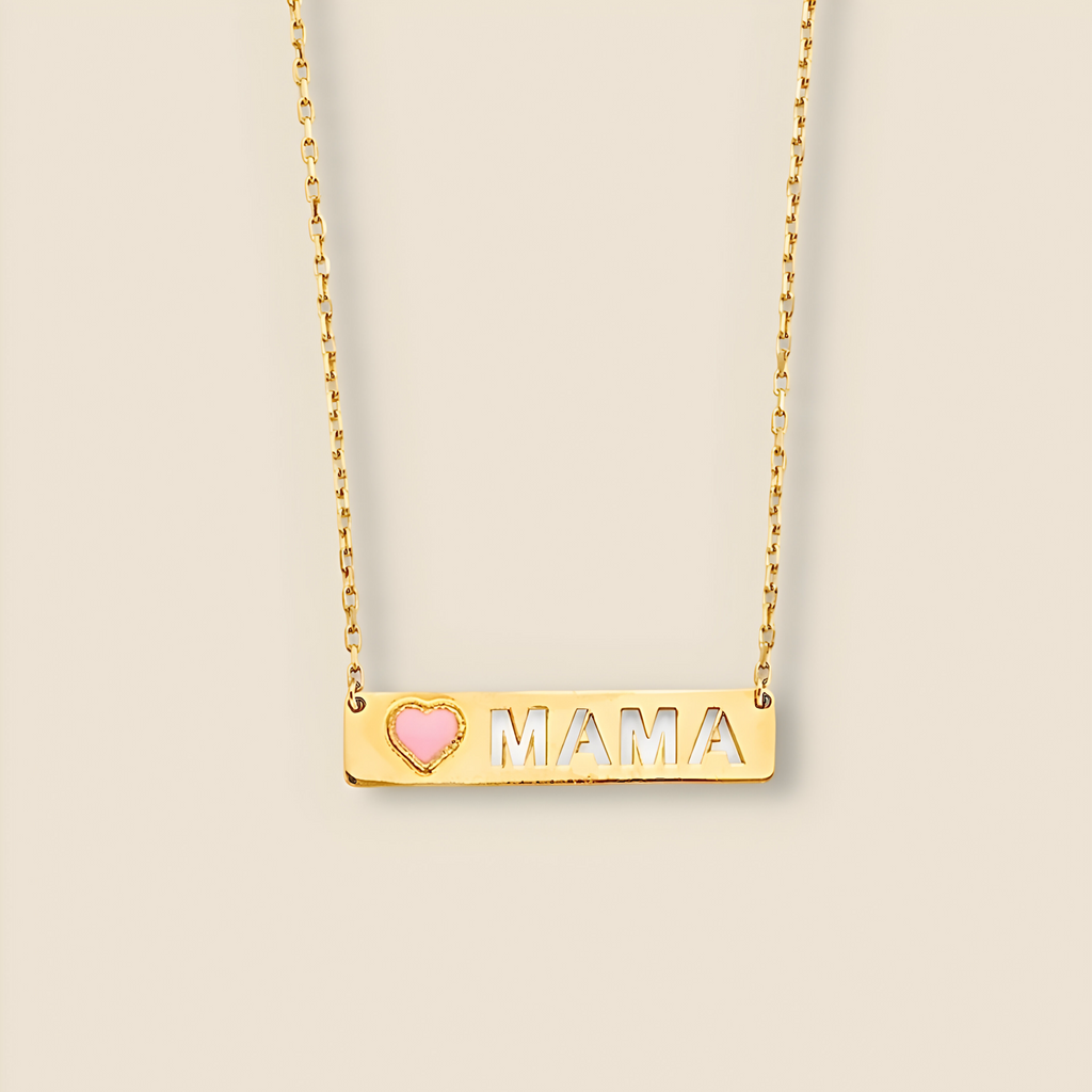 14K yellow gold Mama plate necklace displayed on a plain background, showcasing its rectangular pendant and delicate chain.