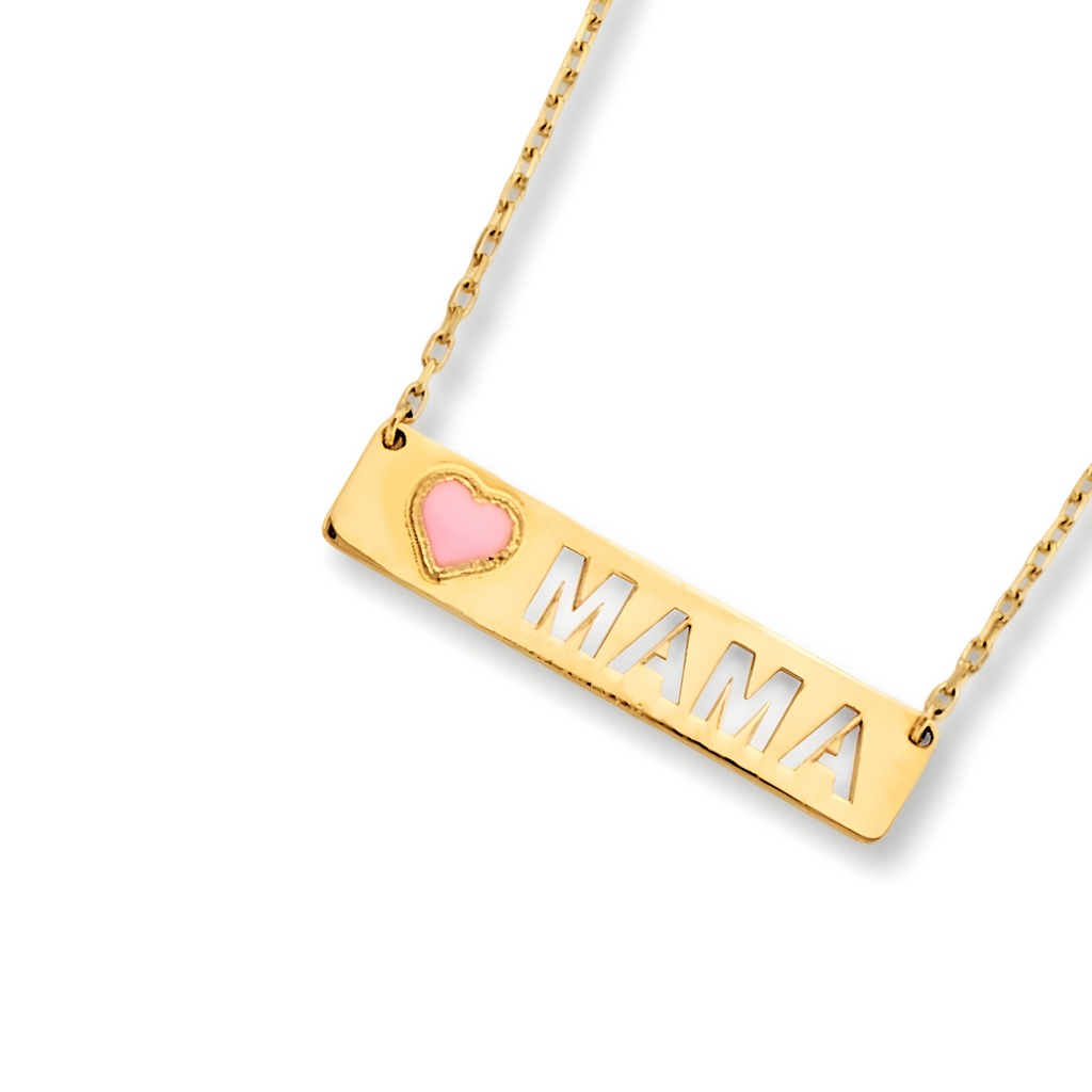 14K yellow gold Mama plate necklace displayed on a white background, showcasing its rectangular pendant and delicate chain.