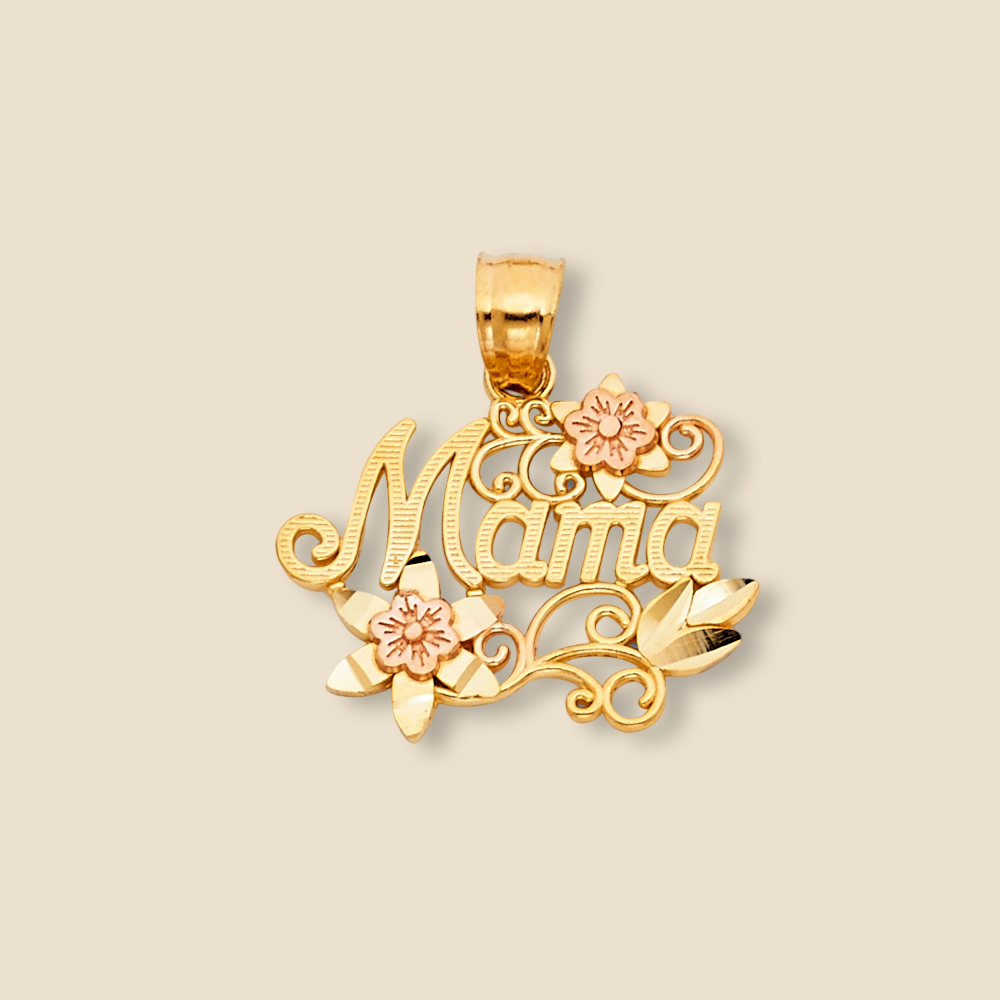 14K Two Tone Gold Mama Pendant displayed on a plain background, showcasing the polished heart and script design.