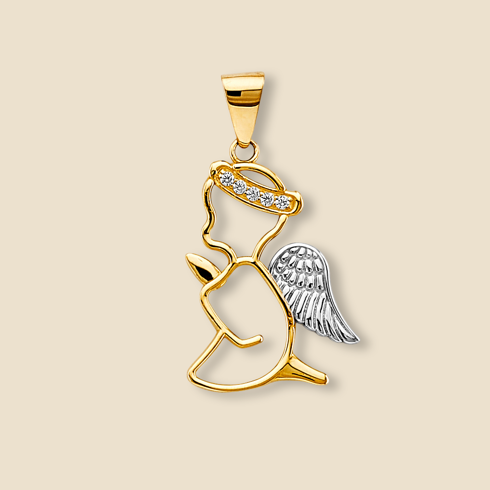14K Two-Tone Gold Angel Pendant with Cubic Zirconia detailing displayed on a plain background, showcasing its intricate wings and polished finish.