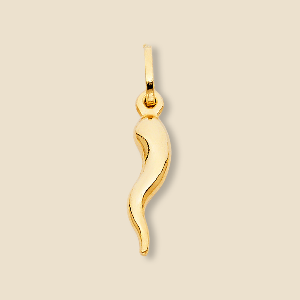 14K Yellow Gold Hollow Horn Pendant photographed on a plain background, showcasing its polished shine and curved design.