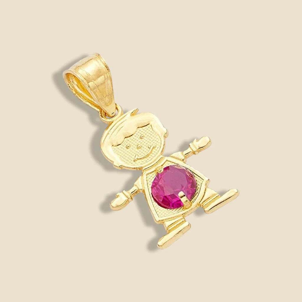 14K Solid Gold July Birthstone Boy Charm featuring a red cubic zirconia stone, resting on a plain background to emphasize its polished gold finish and intricate details.