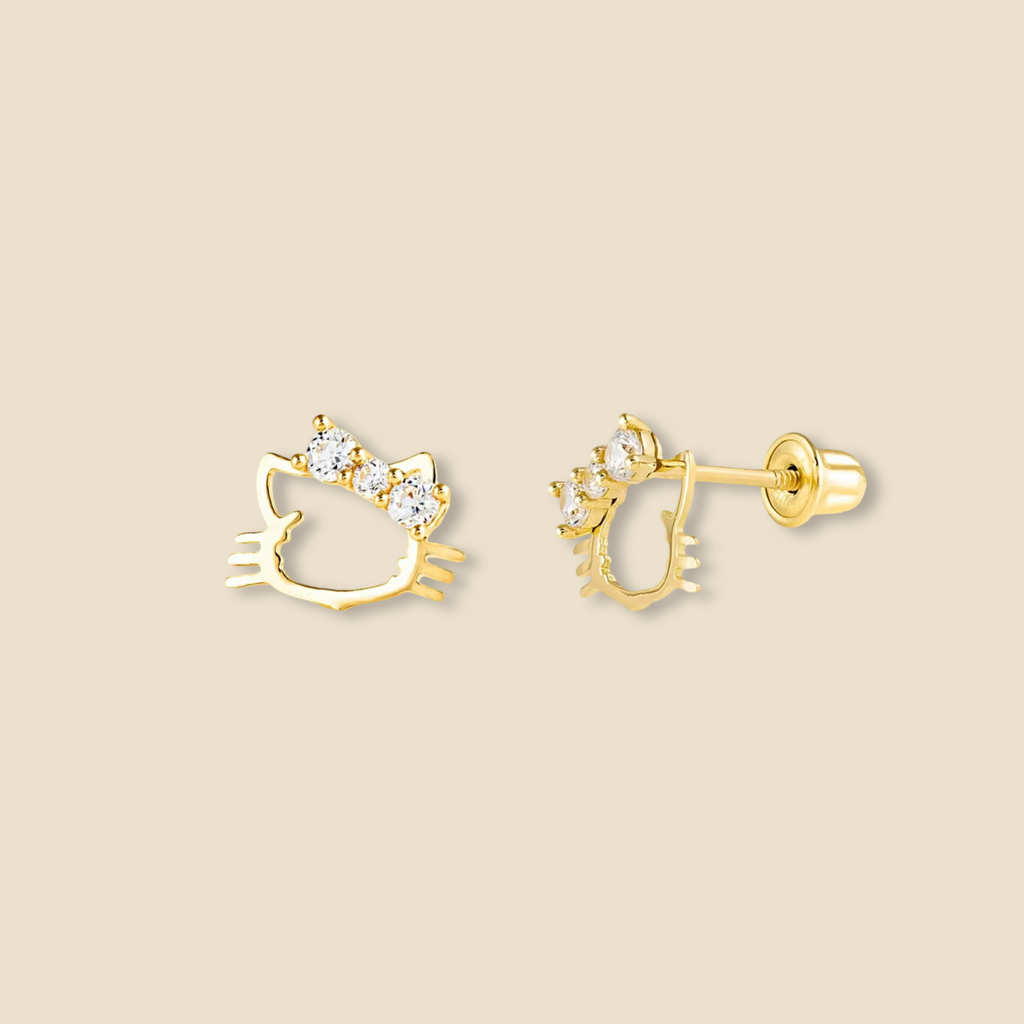 14K Solid Gold Cat Stud Earrings with screw-back closure displayed on a plain background, showing the detailed feline silhouette and polished gold finish.