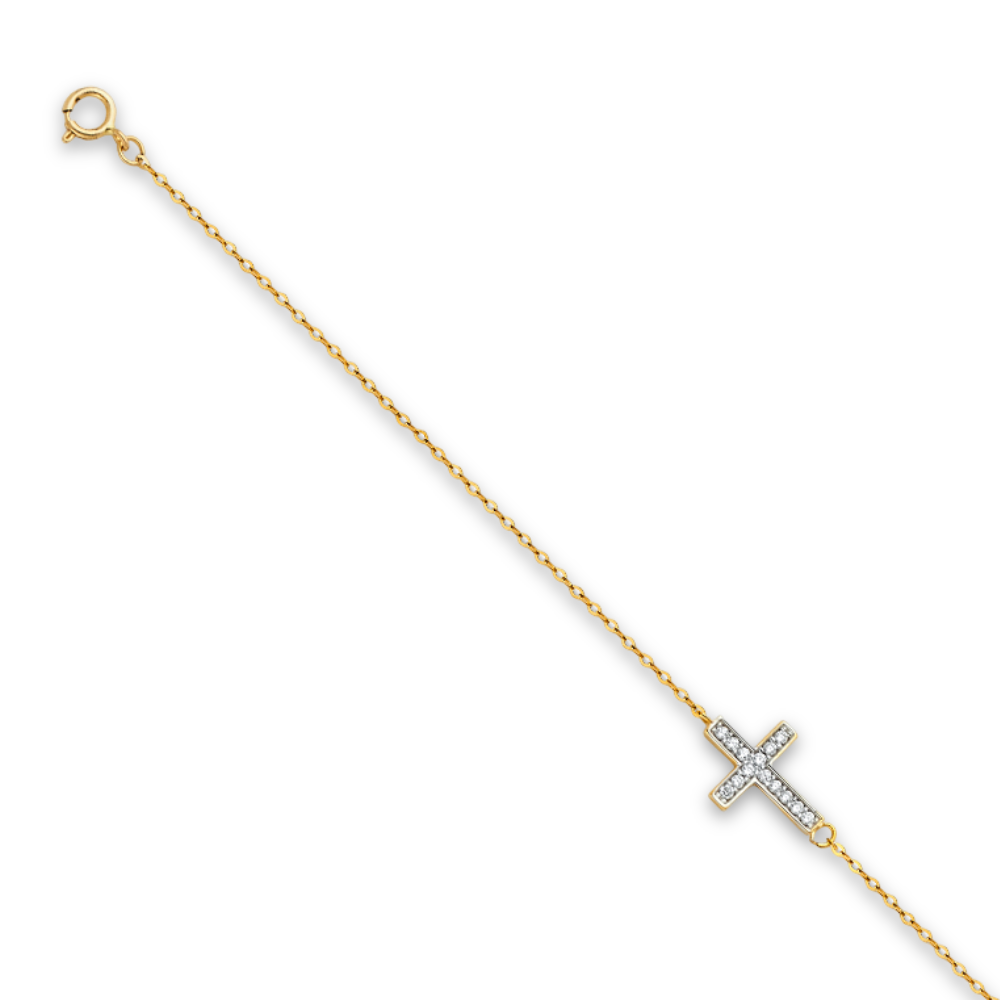 14K Yellow Gold Light CZ Cross Bracelet displayed on a plain white background, showing the delicate cubic zirconia cross and adjustable chain.