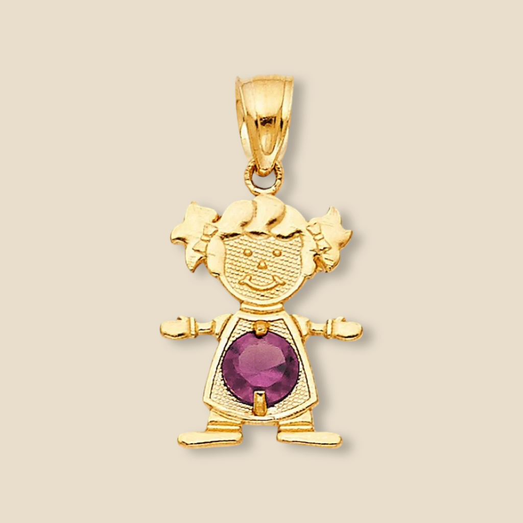 14K Gold Girl Charm with purple cubic zirconia birthstone, resting on a plain background to highlight its exquisite craftsmanship and shine.