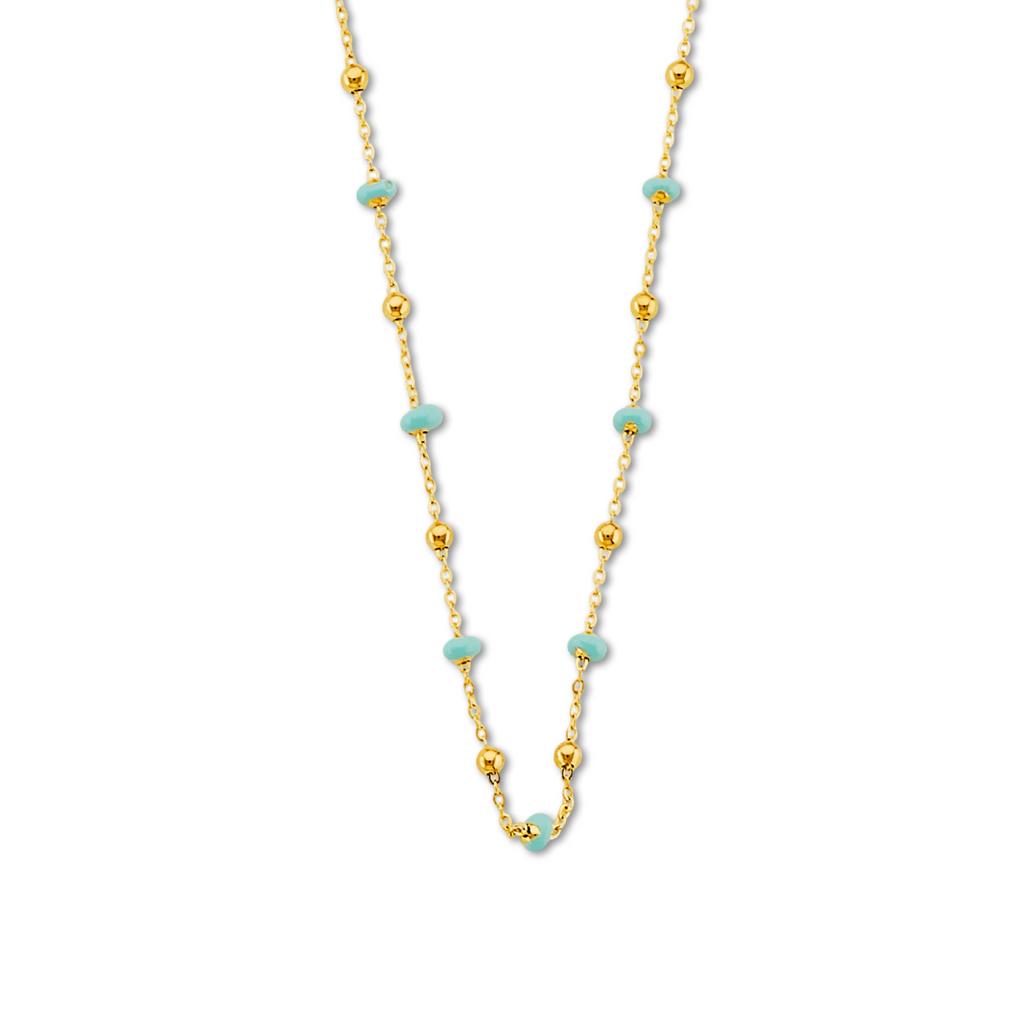 14K yellow gold necklace with turquoise enamel beads displayed on a plain white background, highlighting the polished chain and vibrant beads.
