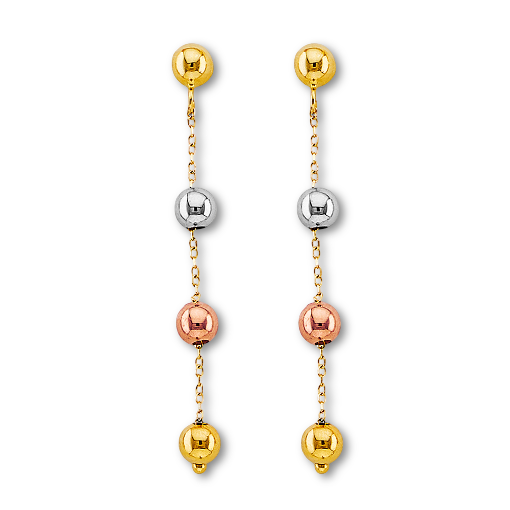 14K Tri-Color Gold Hanging Ball Earrings on a plain white background, 40mm drop, 3mm balls, lightweight and elegant.