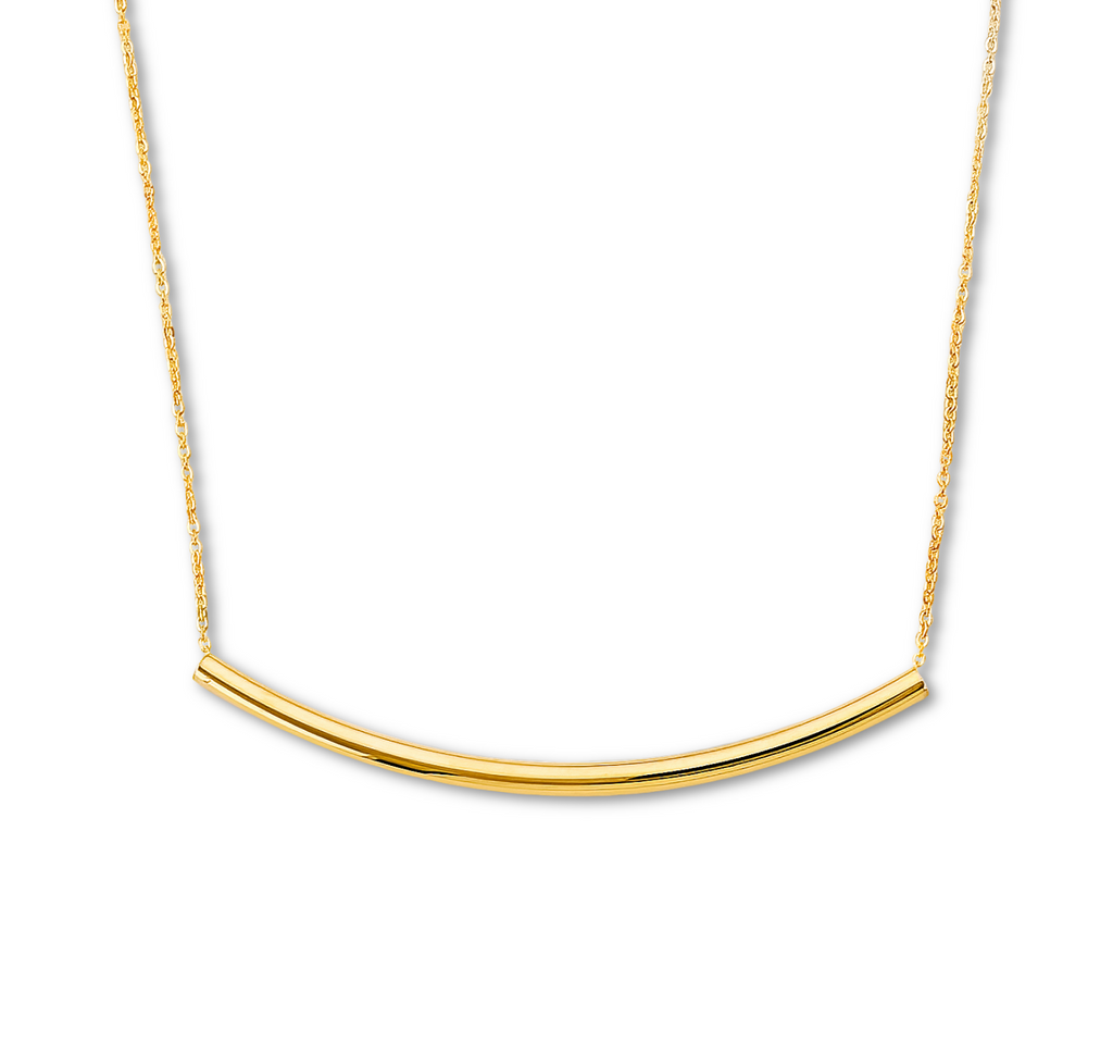 14K Yellow Gold Curved Round Bar Necklace displayed on a clean white background, showing its polished bar and delicate chain.