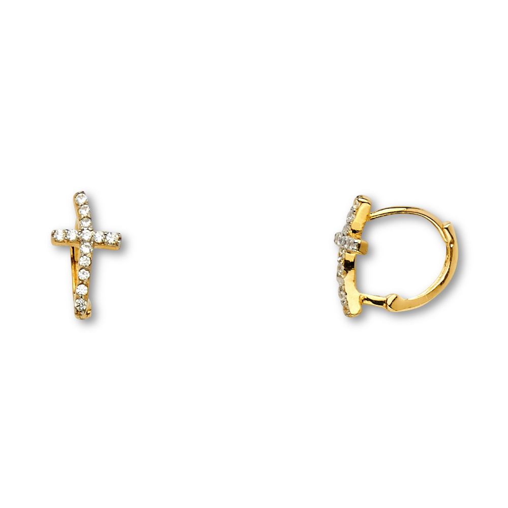 14K solid gold curved CZ cross Huggies earrings on a plain background, showing the 10mm × 7mm design and sparkling CZ details.