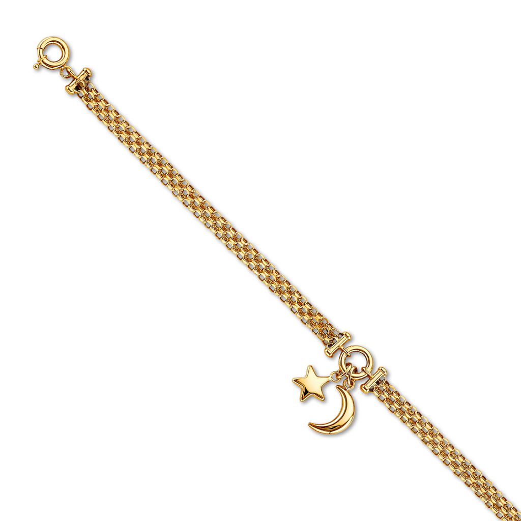 A 14K solid yellow gold star and moon bracelet displayed on a plain white background, showing the delicate celestial charms and fine chain.
