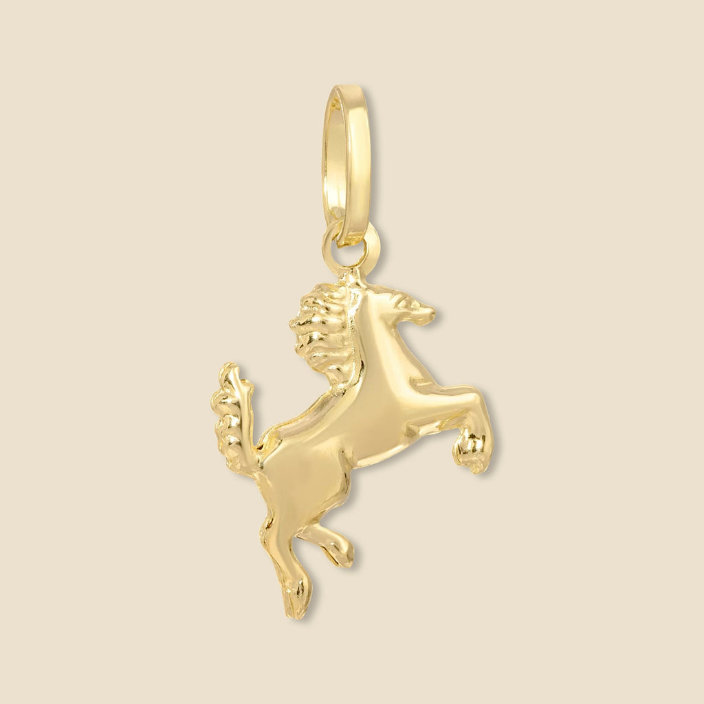 14K Gold Horse Charm on a plain background, showcasing its detailed craftsmanship and polished finish.