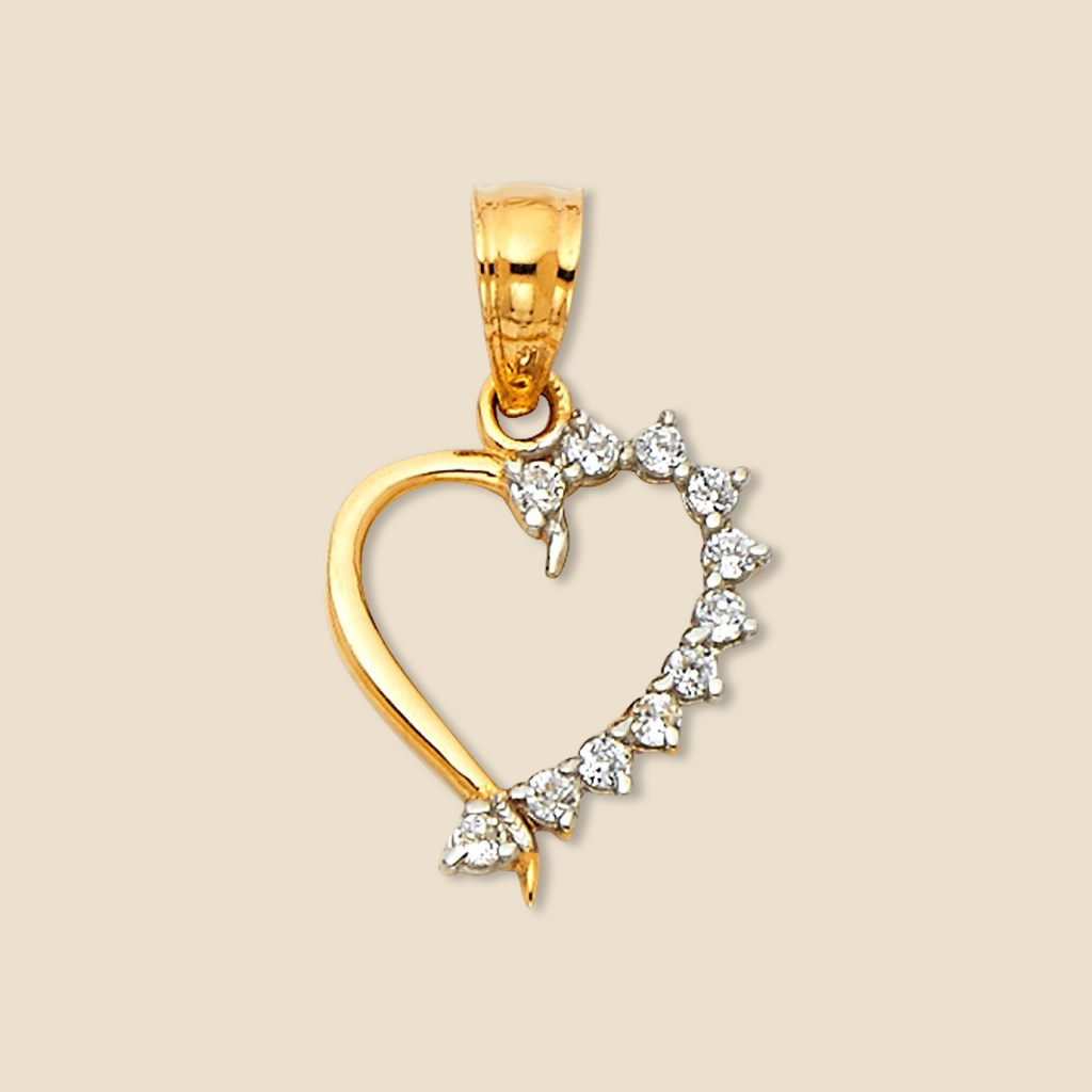 14K Yellow Gold CZ Heart Pendant displayed on a plain background, showcasing its polished gold finish and sparkling cubic zirconia accents.