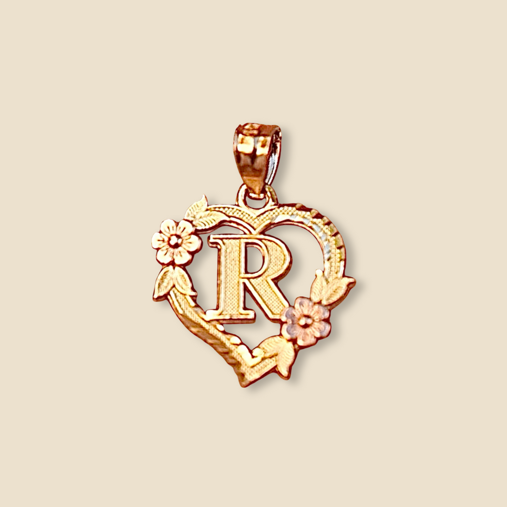 14K Two-Tone Initial Heart Pendant with Letter R on a plain background, showcasing the blend of yellow and rose gold in a heart-shaped design.