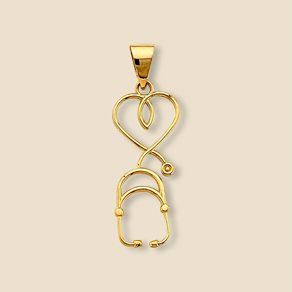 High-resolution image of a polished 14K yellow gold stethoscope pendant centered on a plain background, clearly showing the looped stethoscope shape and glossy finish, perfect for showcasing its minimalist medical design.