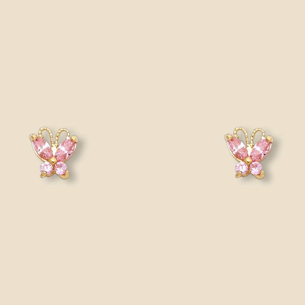 Close-up of 14K yellow gold butterfly stud earrings with pink cubic zirconia, displayed on a plain background to highlight their delicate sparkle and elegant craftsmanship.