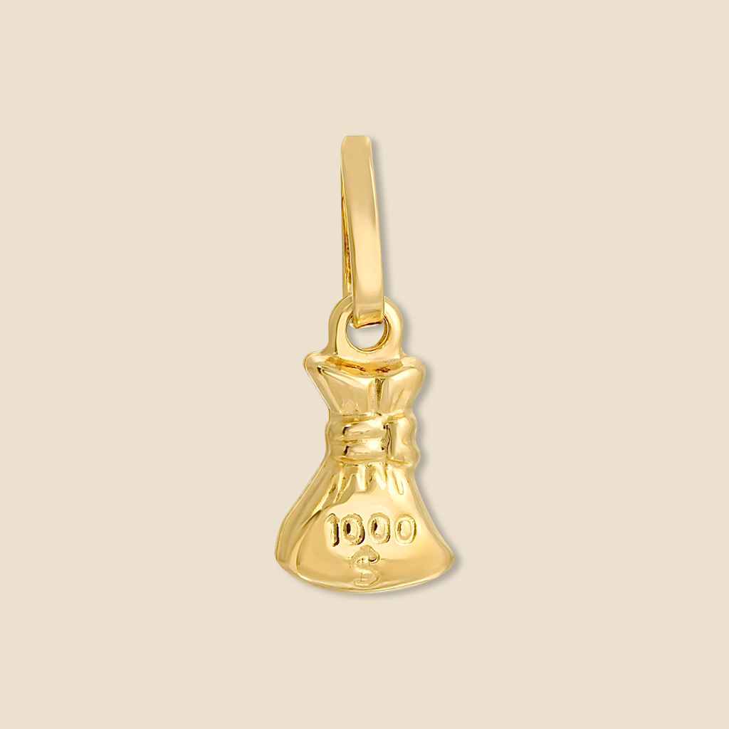 A 14K gold money bag pendant displayed on a plain background, highlighting its polished finish and intricate design.
