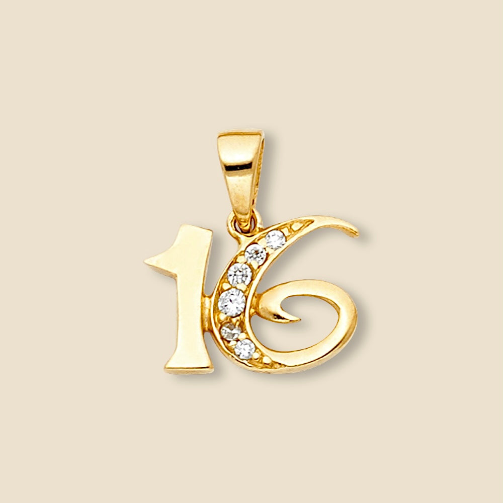 14K Solid Yellow Gold Sweet 16 Charm Pendant displayed against a plain background, highlighting its polished gold finish, elegant design, and intricate craftsmanship.