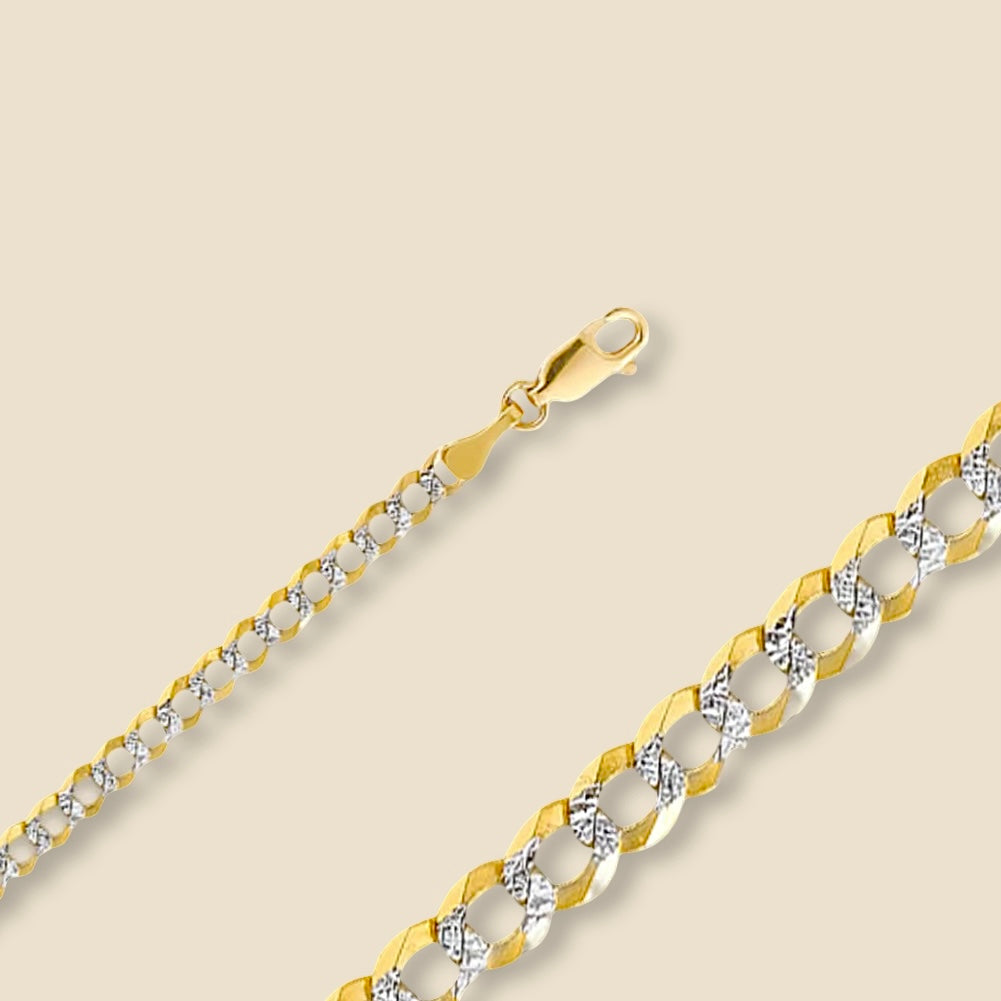 Close-up of a 14K Gold Cuban Link Bracelet with white pave design, 7 inch length, on a plain background.