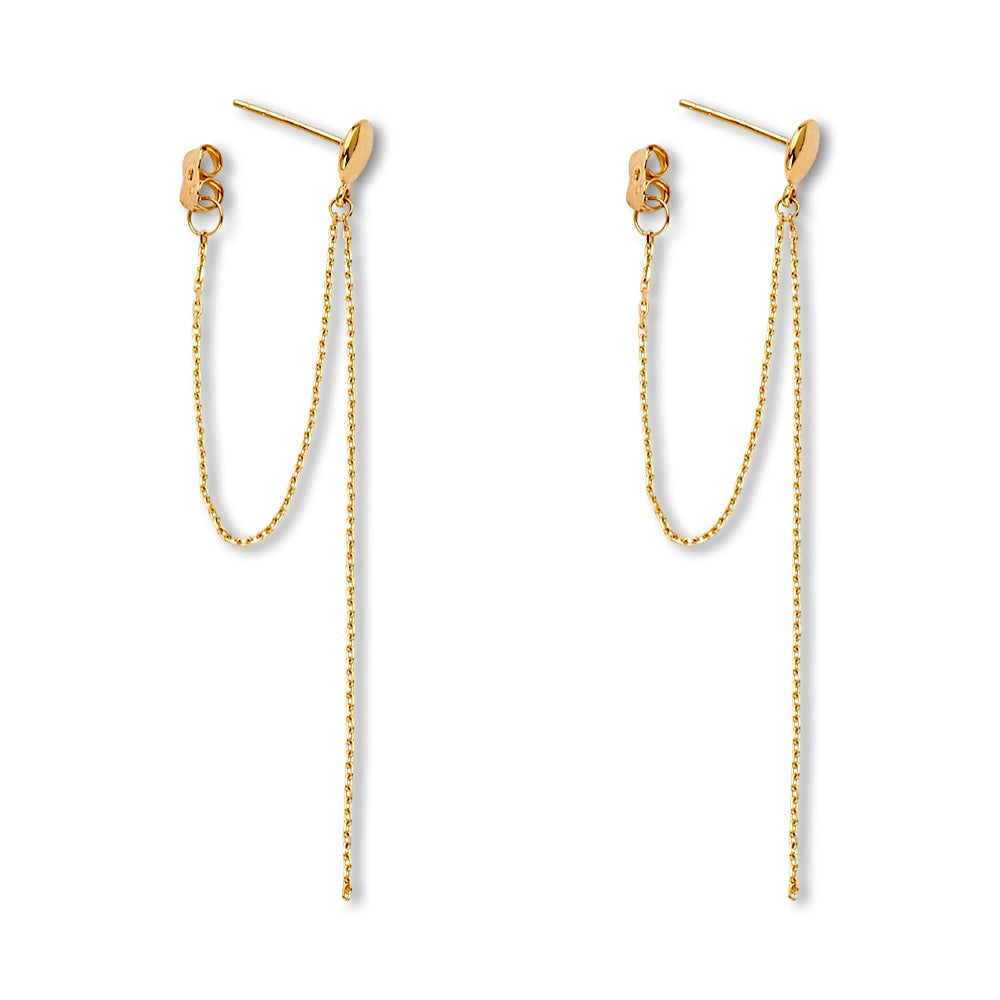14K Yellow Gold Hanging Earrings on a plain white background, showing their sleek, polished drop design and elegant movement.