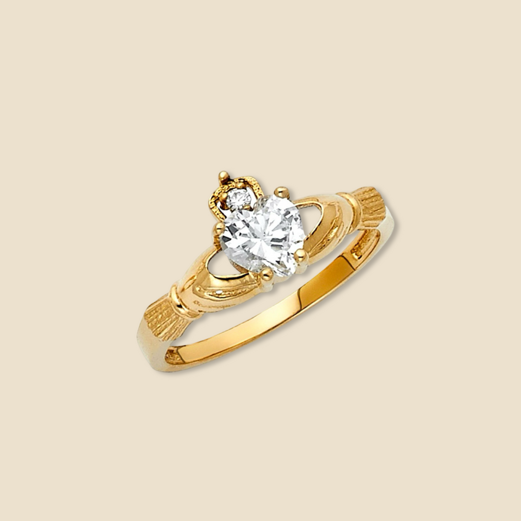 14K Yellow Gold Claddagh Ring with Cubic Zirconia, showcasing its polished finish and intricate detailing against a plain background.