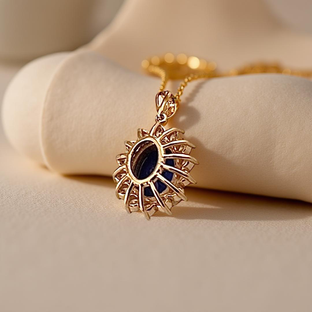 Back view of the 14K Yellow Gold Pendant resting on a textured, off-white linen cloth, showing the smooth surface and gold stamp marking.