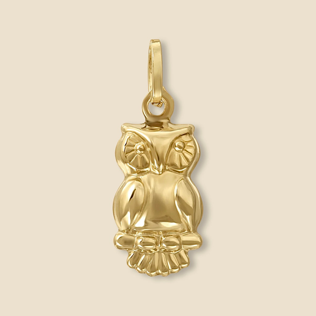 Minimalist 14K gold owl pendant photographed on a plain background, showing clean lines and polished finish.
